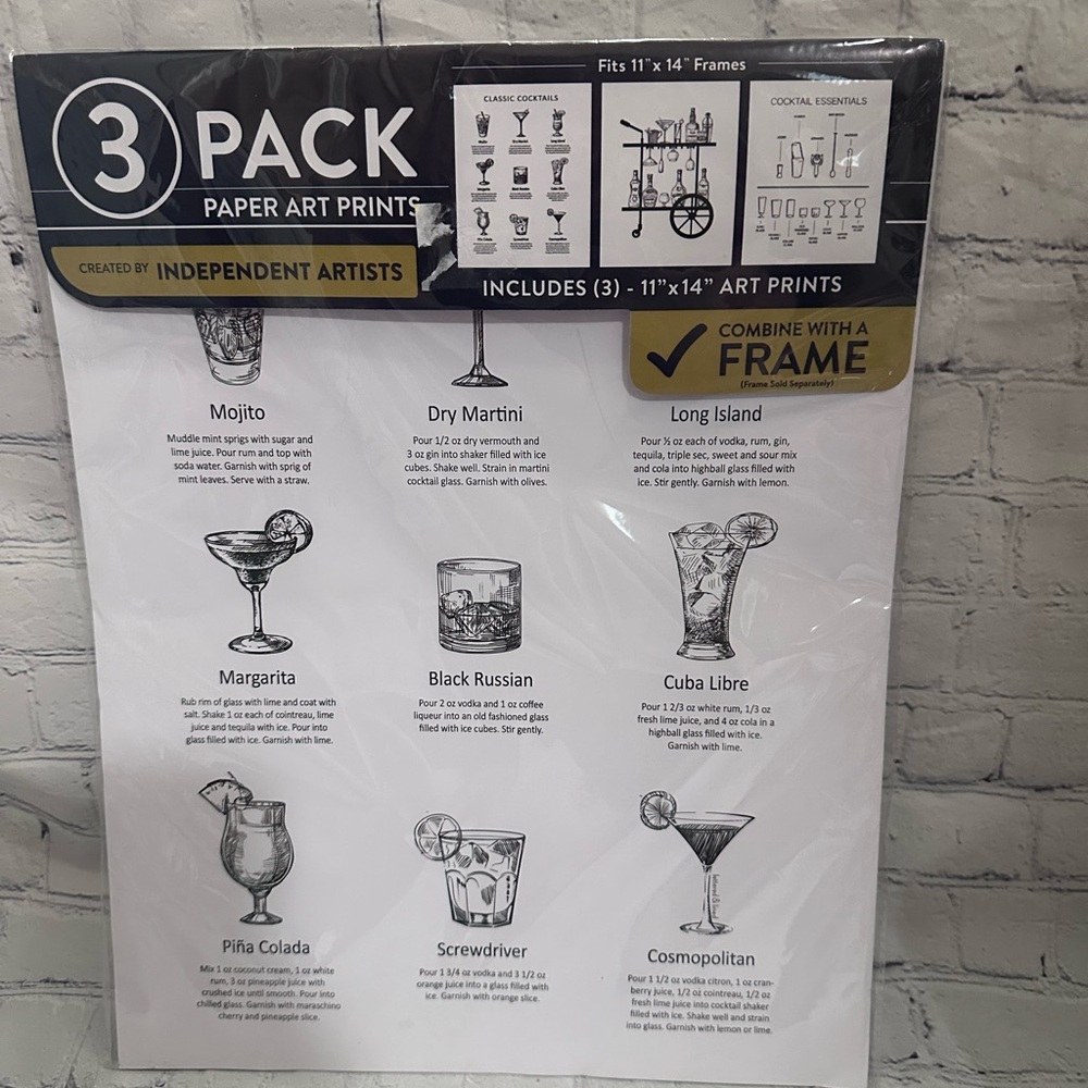 NEW- 3 Pack Paper Art Prints with Cocktail Designs